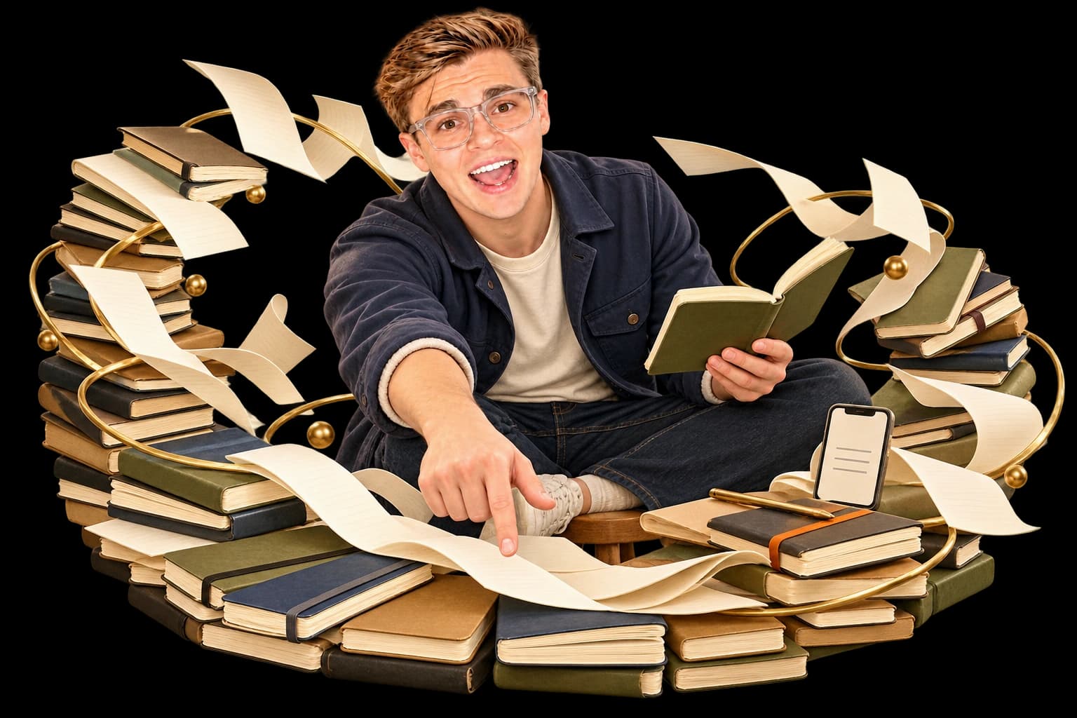 AI-created illustration of David in clear glasses and a navy overshirt, surrounded by notebooks