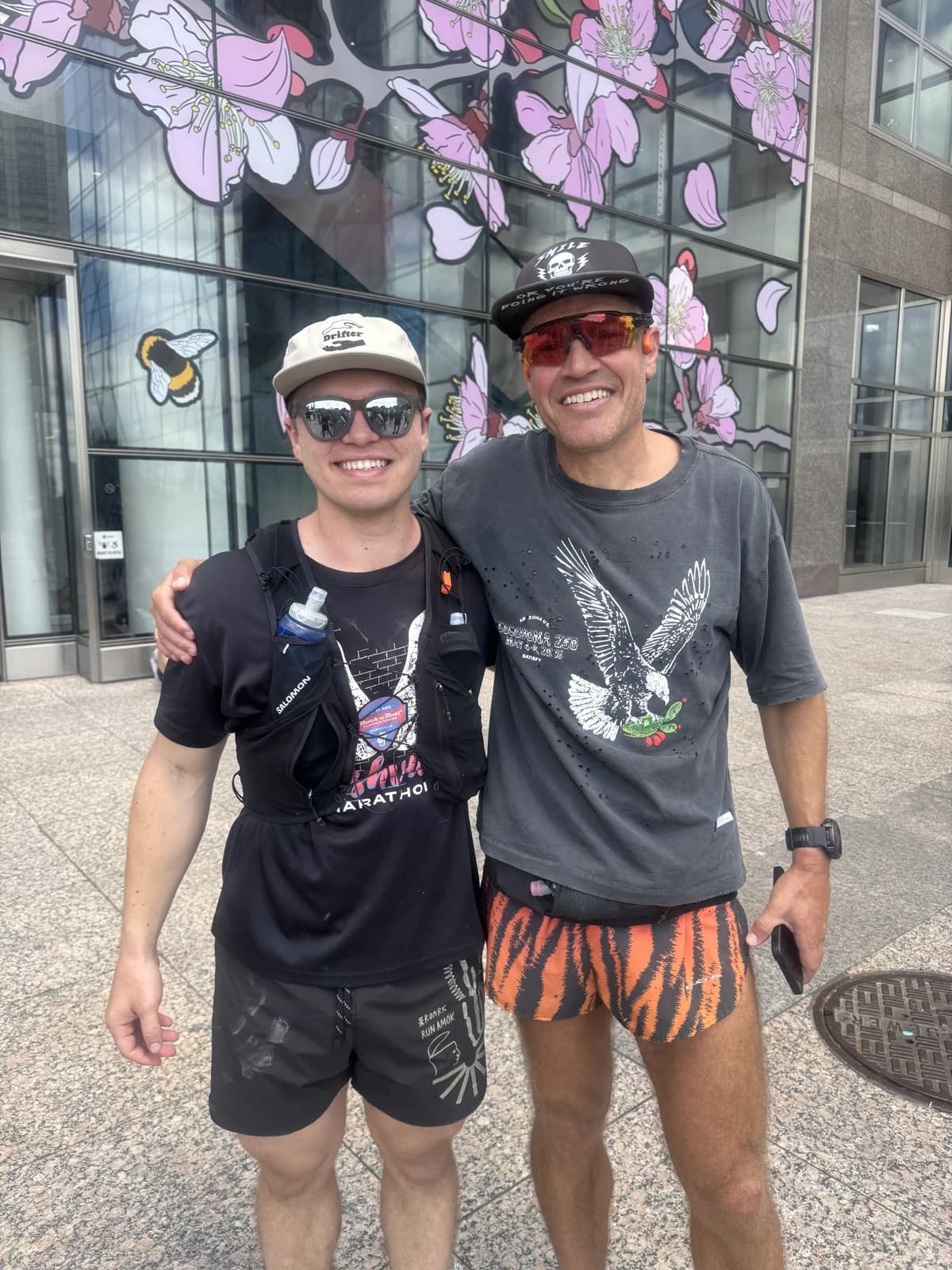 David Waldherr, left, and Andy Glaze, right, standing together in their running kit after their Manhattan run.