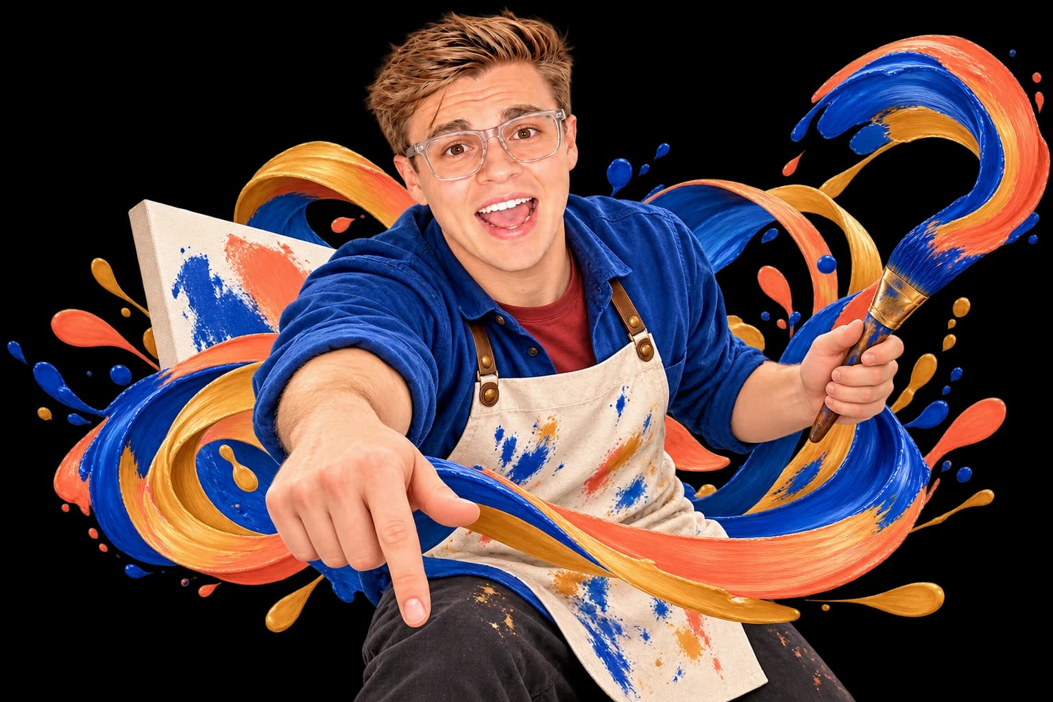 David in a cobalt artist's overshirt and apron reaches down as a brushstroke becomes a dimensional ribbon.