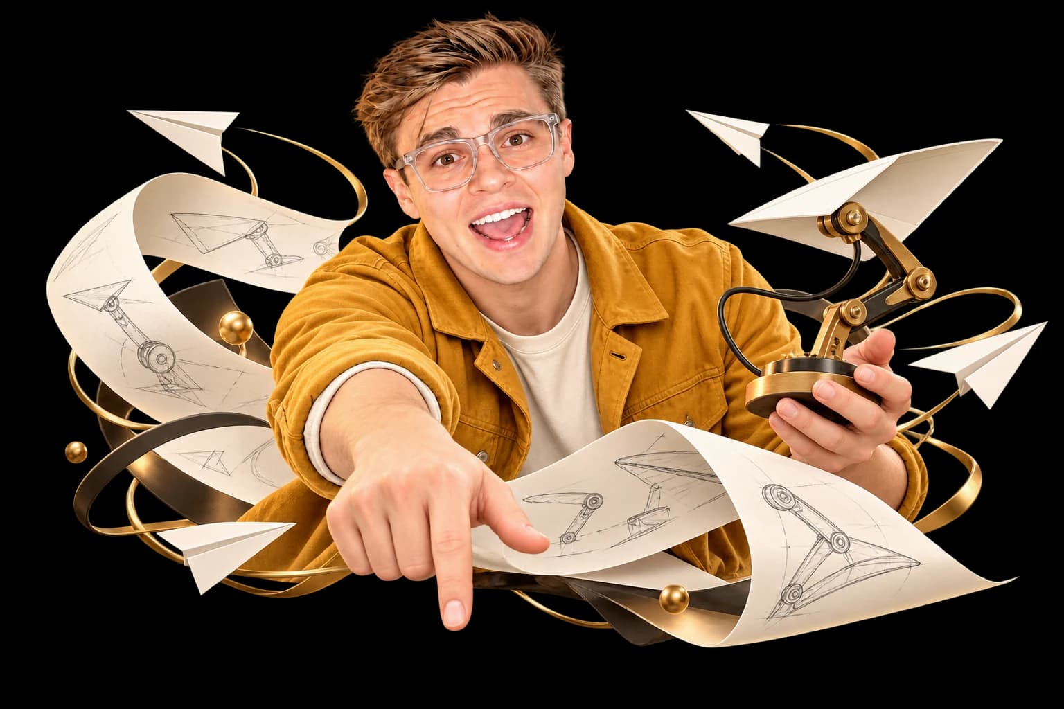 An illustrated David watches a sketch become a mechanical prototype.