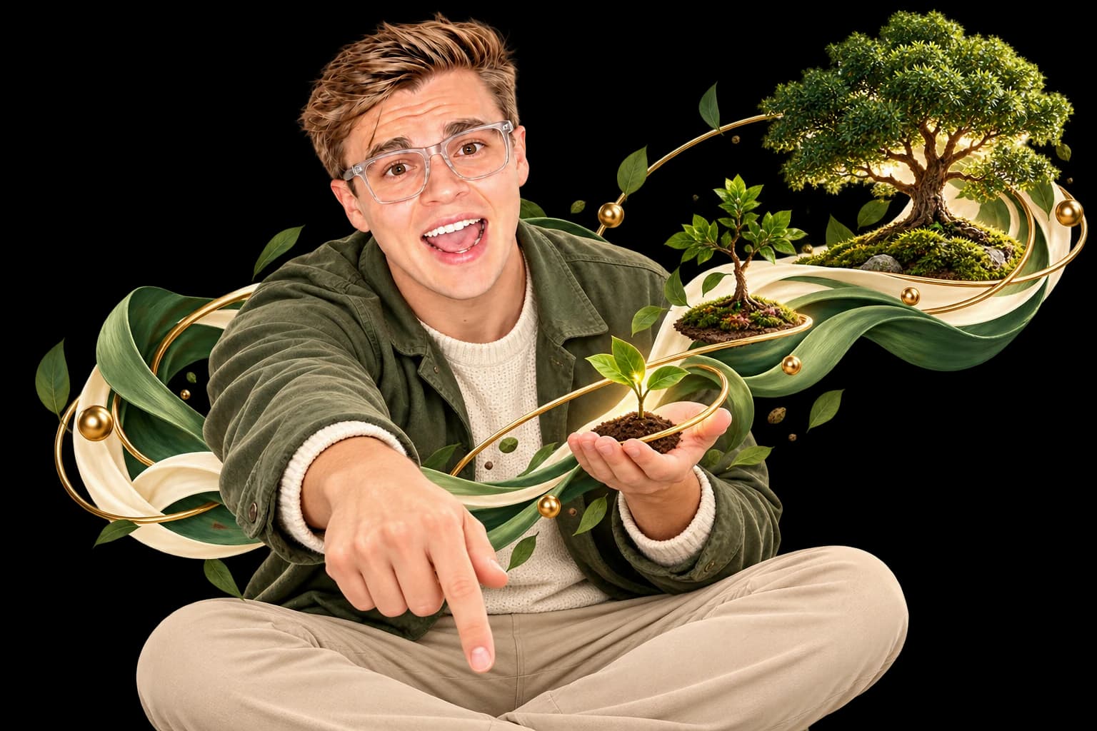 David in an olive field jacket holds a seed as a sapling and mature tree trace an arc of patient growth.