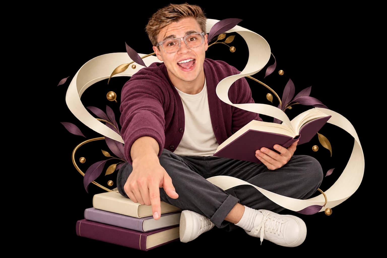 David in a plum cardigan reaches down from a stack of books while a page loops back into an open book.