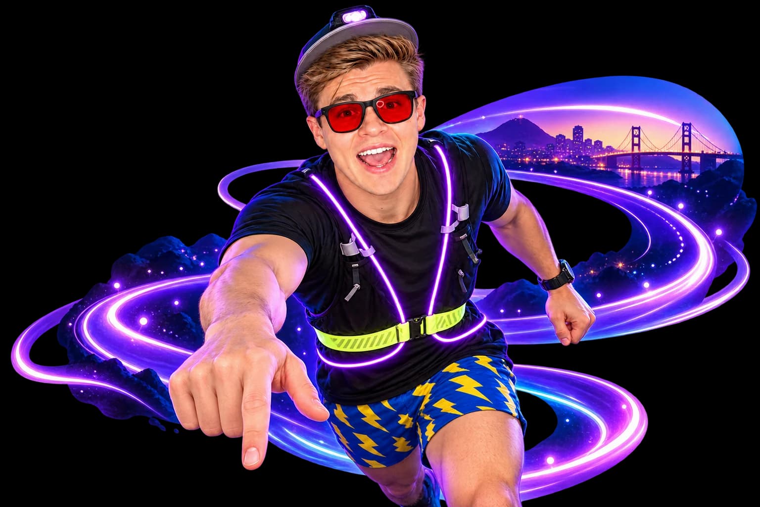 Illustrated David in his violet-lit running harness and lightning-pattern shorts, reaching toward the race report.