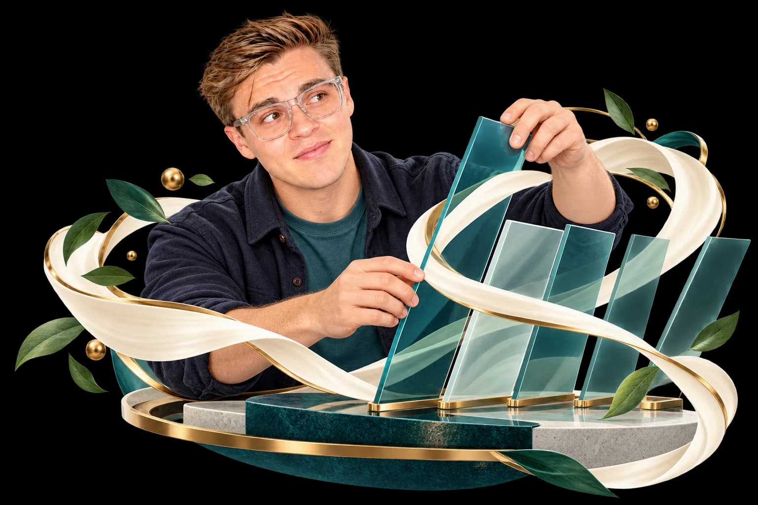 David in a graphite and teal overshirt thoughtfully tests a different angle among geometric planes.
