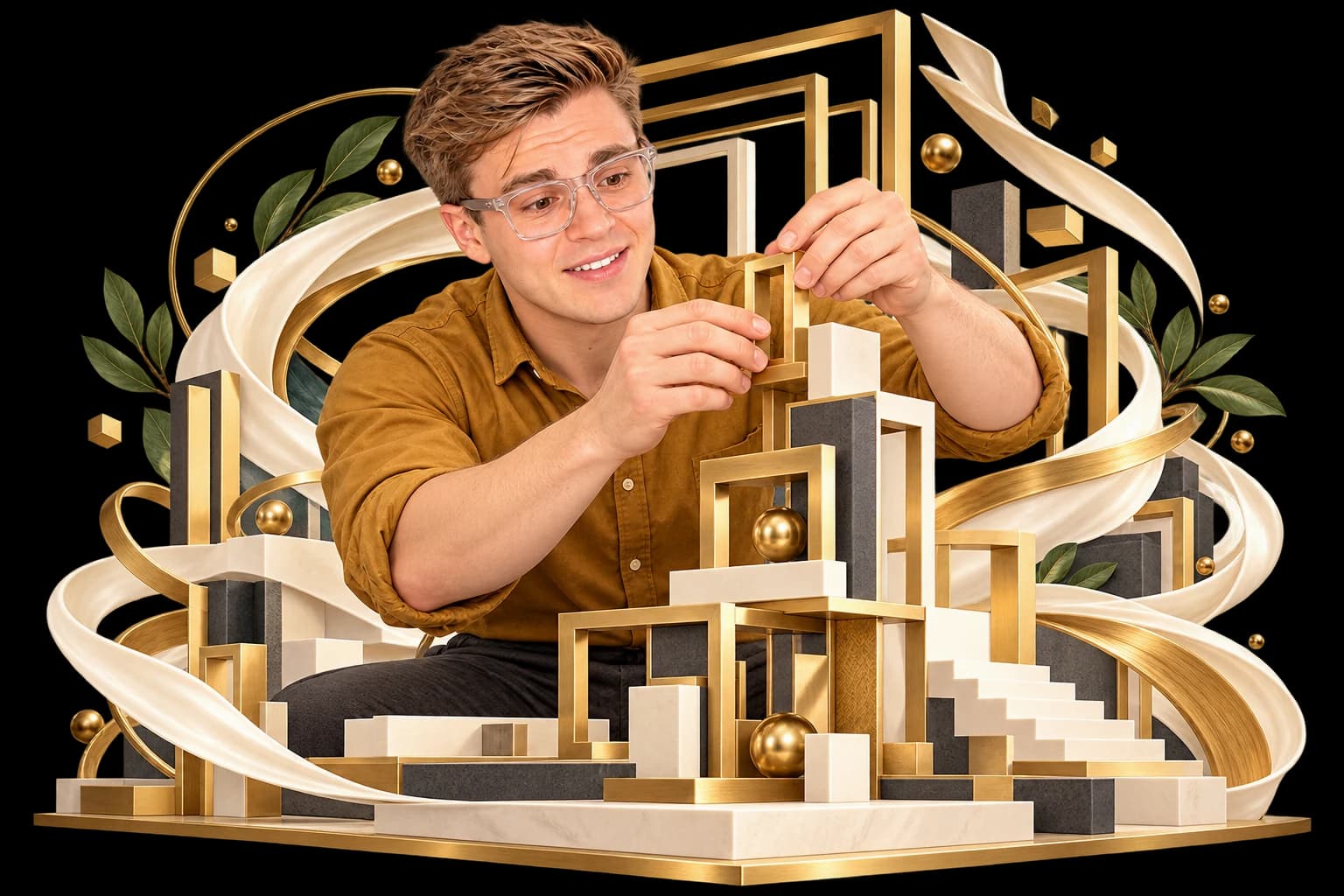 David in an ochre work shirt carefully assembles a precise brass structure, surrounded by orderly architectural frames.