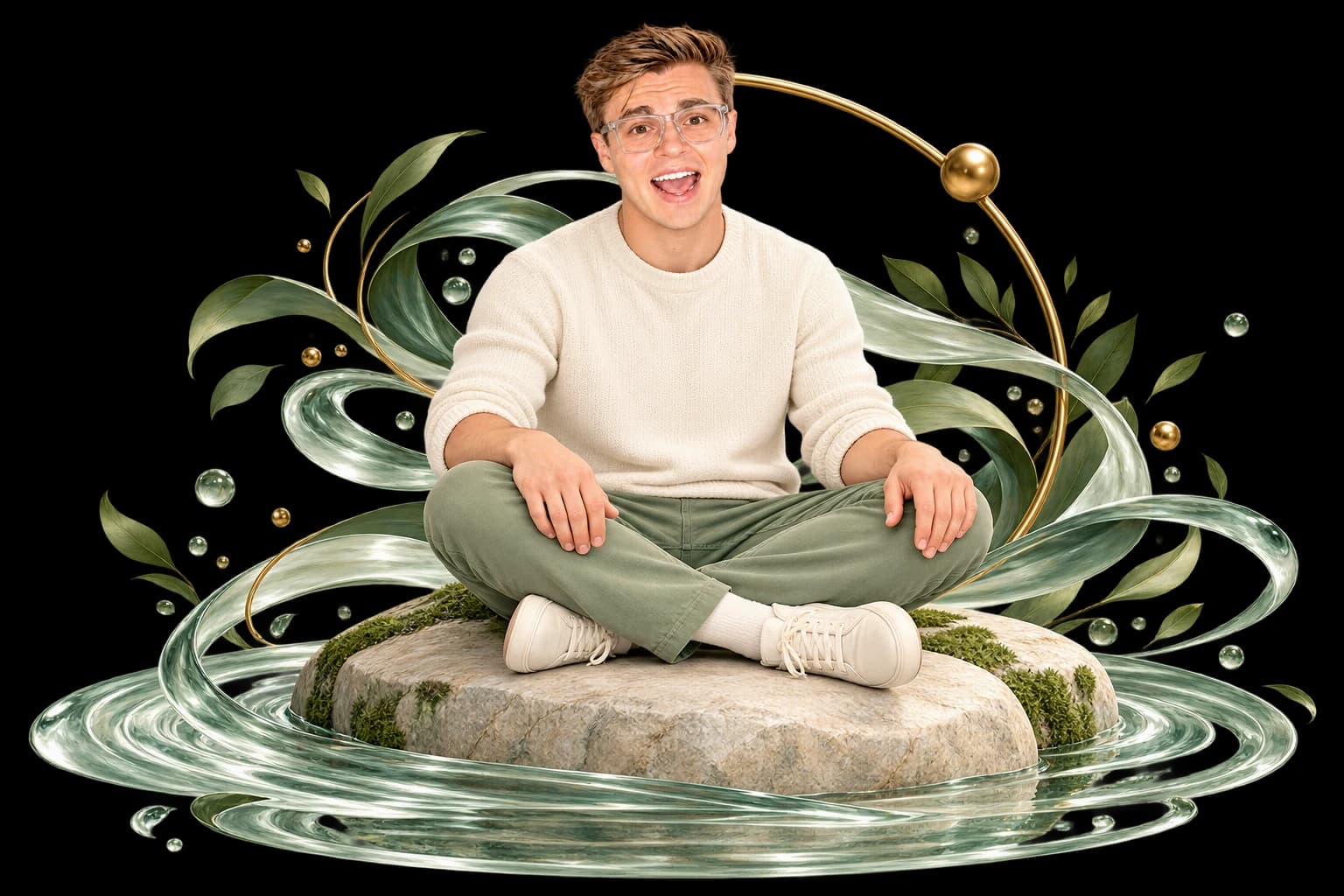 David in an ivory knit sits calmly on a stable stone while soft sage ripples pass around him.